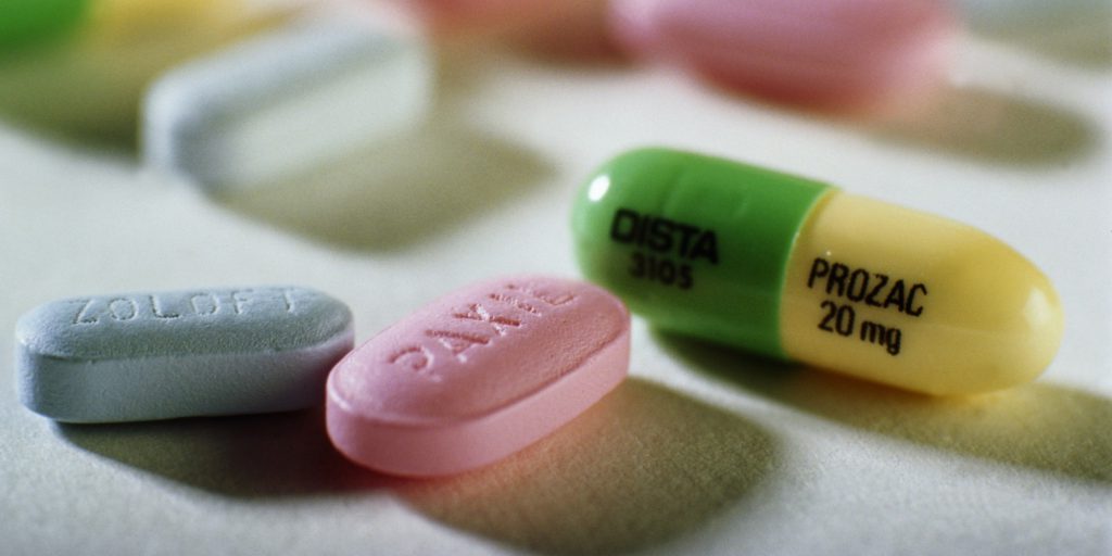 Prozac, Paxil and Zoloft anti-depressant tablets, close-up